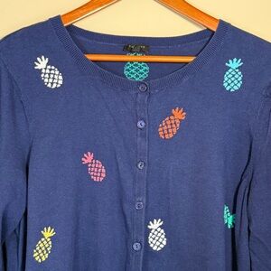 Talbots Plus Pineapple Print Cardigan Sweater Women’s 2X Navy Button Front